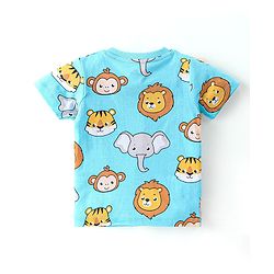 Babyhug Single Jersey Knit Half Sleeves Nightsuit with Animal Print - Blue