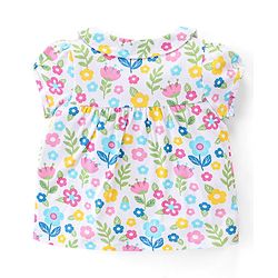 Babyhug Cotton Knit Single Jersey Half Sleeves Night Suit With Floral Print - White