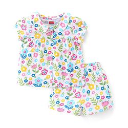 Babyhug Cotton Knit Single Jersey Half Sleeves Night Suit With Floral Print - White