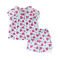 Babyhug Cotton Knit Half Sleeves Shorts Night Suit  Set Heart Print - Blue