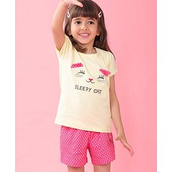 Babyhug Cotton Knit Half Sleeves Night Suit With Cat Print - Yellow & Pink