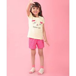 Babyhug Cotton Knit Half Sleeves Night Suit With Cat Print - Yellow & Pink