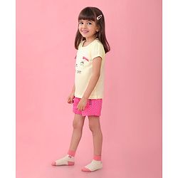 Babyhug Cotton Knit Half Sleeves Night Suit With Cat Print - Yellow & Pink