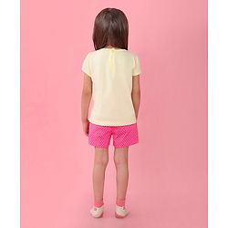 Babyhug Cotton Knit Half Sleeves Night Suit With Cat Print - Yellow & Pink