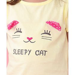 Babyhug Cotton Knit Half Sleeves Night Suit With Cat Print - Yellow & Pink
