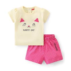 Babyhug Cotton Knit Half Sleeves Night Suit With Cat Print - Yellow & Pink