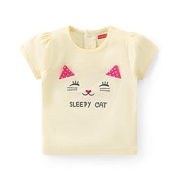 Babyhug Cotton Knit Half Sleeves Night Suit With Cat Print - Yellow & Pink