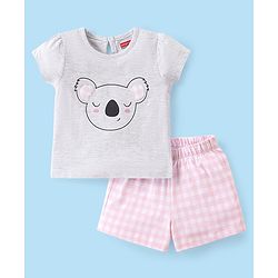 Babyhug Cotton Knit Half Sleeves Night Suit Bear Print - Pink & Grey