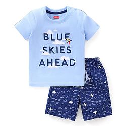Babyhug Cotton Knit Half Sleeves Sky & Clouds Printed Night Suit - Blue