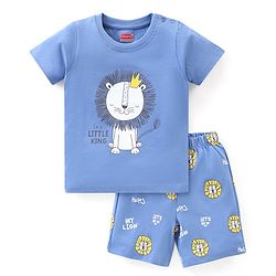 Babyhug Single Jersey Knit Half Sleeves Night Suit Lion Print - Blue