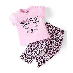 Babyhug Cotton Knit Half Sleeves Night Suit Kitty Print - Pink