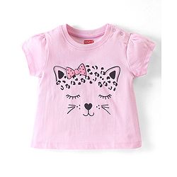 Babyhug Cotton Knit Half Sleeves Night Suit Kitty Print - Pink