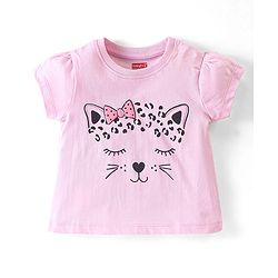Babyhug Cotton Knit Half Sleeves Night Suit Kitty Print - Pink