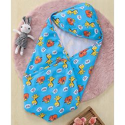 Babyhug Interlock Hooded Wrappers With Dino Print L 76.2 x B 76.2 cm - Blue