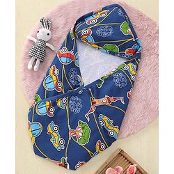 Babyhug Interlock Hooded Wrappers With Car Print L 76.2 x B 76.2 cm - Blue
