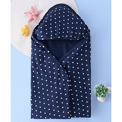 Babyhug Interlock Hooded Wrapper With Polka Dot Print L 76.2 x B 76.2 cm - Navy Blue