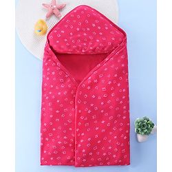 Babyhug Interlock Hooded Wrapper With Heart Print L 76.2 x B 76.2 cm - Pink