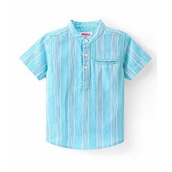 Babyhug Cotton Woven Half Sleeves Mandarin Collar Striped Kurta Shirt - Blue