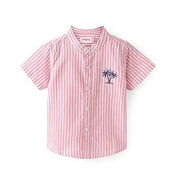 Babyhug Cotton Woven Half Sleeves Shirt Stripes & Palm Tree Embroidery - Peach