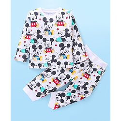 Babyhug Disney Single Jersey Knit Full Sleeves Mickey Mouse Printed Night Suit - White