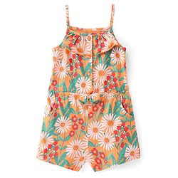 Babyhug Single Jersey Knit Singlet Sleeves Floral Print Jumpsuit with Bow Applique - Orange