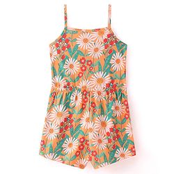 Babyhug Single Jersey Knit Singlet Sleeves Floral Print Jumpsuit with Bow Applique - Orange