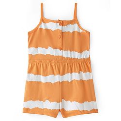 Babyhug Single Jersey Knit Singlet Sleeves  Striped  Jumpsuit with Bow & Pocket Detailing - Orange