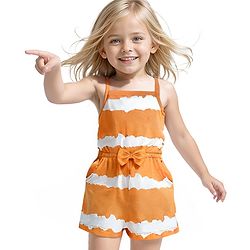 Babyhug Single Jersey Knit Singlet Sleeves  Striped  Jumpsuit with Bow & Pocket Detailing - Orange