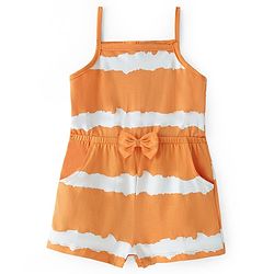 Babyhug Single Jersey Knit Singlet Sleeves  Striped  Jumpsuit with Bow & Pocket Detailing - Orange