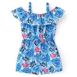 Babyhug Single Jersey Knit Cold Shoulder Sleeves Floral Print Jumpsuit with Frill Detailing - Blue