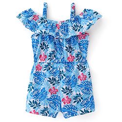 Babyhug Single Jersey Knit Cold Shoulder Sleeves Floral Print Jumpsuit with Frill Detailing - Blue