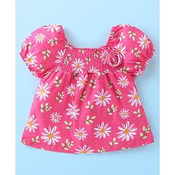 Babyhug Cotton Knit Half Puffed Sleeves Top Floral Print &  Applique With Smocking Detailing - Pink