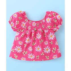Babyhug Cotton Knit Half Puffed Sleeves Top Floral Print &  Applique With Smocking Detailing - Pink