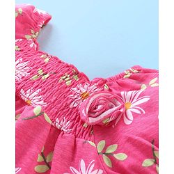 Babyhug Cotton Knit Half Puffed Sleeves Top Floral Print &  Applique With Smocking Detailing - Pink