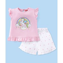 Babyhug Cotton Single Jersey Knit Sleeveless Night Suit Unicorn Print - Pink