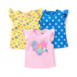 Babyhug 100% Cotton Knit Frill Sleeves Top with Frills & Floral Print Pack of 3 - Pink Yellow & Blue