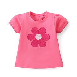 Babyhug  Cotton Knit Half Sleeves Top With Flower Graphics and Sequin Detailing - PInk