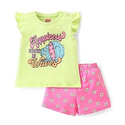 Babyhug Cotton Knit Single Jersey Frill Sleeves Night Suit With Text Print - Green & Pink