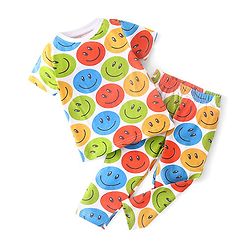 Babyhug Single Jersey Half Sleeves Night Suit Smiley Face Print - Multicolor