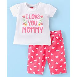 Babyhug Cotton Knit Half Sleeves Capri Night Suit With Text Print - White & Pink