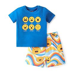 Babyhug Cotton Knit Single Jersey Half Sleeves Night Suit With Emoji Print - Blue