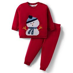 Babyhug Knitted Full Sleeves Sweater Set With Snowman Print - Red