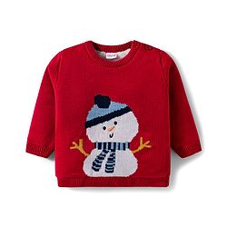 Babyhug Knitted Full Sleeves Sweater Set With Snowman Print - Red