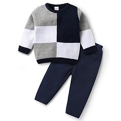Babyhug Knitted Full Sleeves Sweater Set With Color Block Design - Navy Blue