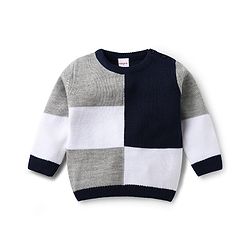 Babyhug Knitted Full Sleeves Sweater Set With Color Block Design - Navy Blue