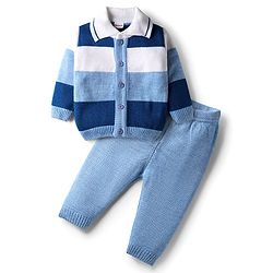 Babyhug Knit Full Sleeves Front Open Sweater Set With Collar Neck & Stripes - Multi Colour