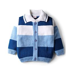 Babyhug Knit Full Sleeves Front Open Sweater Set With Collar Neck & Stripes - Multi Colour