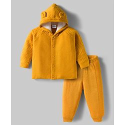 Babyhug Knit Full Raglan Sleeves Hooded Front Open Sweater Set with Cable Knit Design & Ear Applique - Yellow