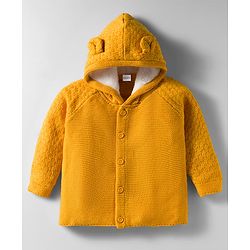 Babyhug Knit Full Raglan Sleeves Hooded Front Open Sweater Set with Cable Knit Design & Ear Applique - Yellow