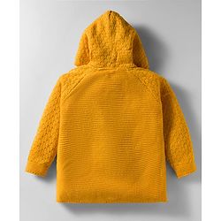 Babyhug Knit Full Raglan Sleeves Hooded Front Open Sweater Set with Cable Knit Design & Ear Applique - Yellow